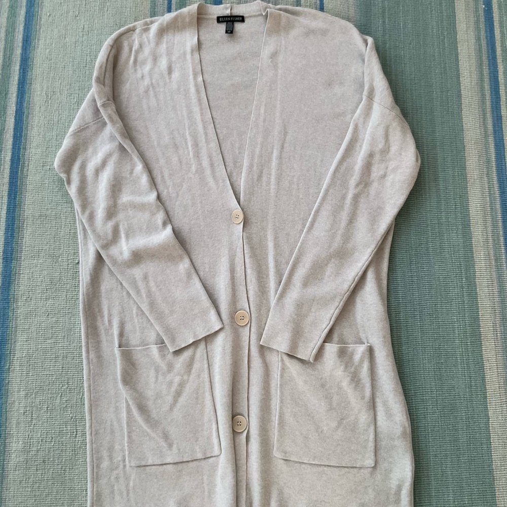Women’s Eileen Fisher Heather Gray organic cotton silk long cardigan sweater S - Picture 4 of 6